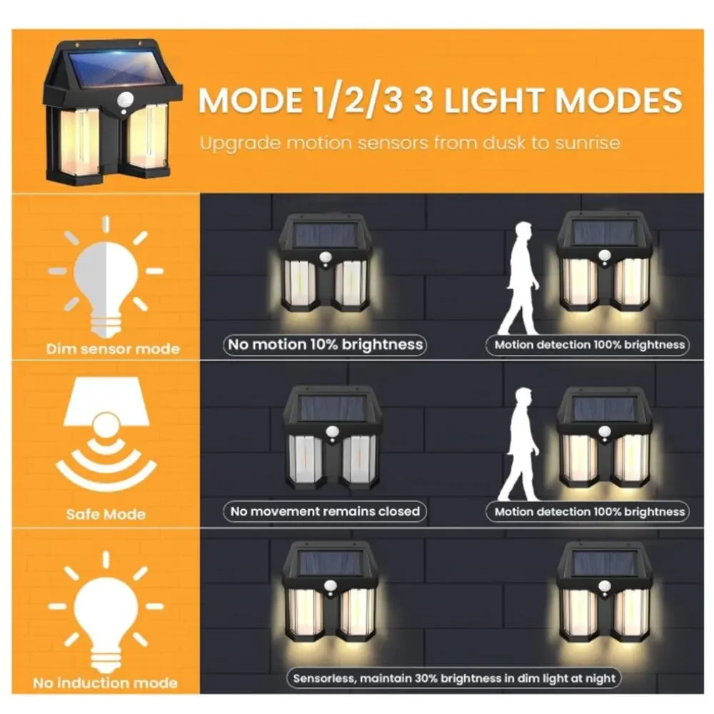 2 PACK Solar Wall Lamp 3 Modes Ip65 Waterproof Motion Sensor